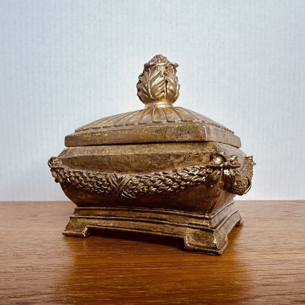 Heavy Resin Trinket or Jewelry Dish with Lid, Gold Colored Resin 5" Tall 4.5"‎ W